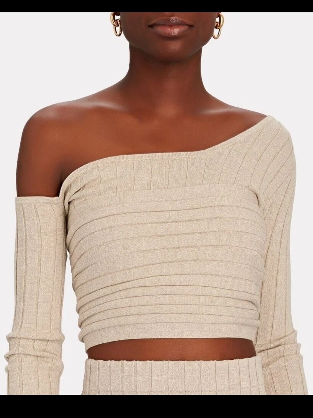 Ronny Kobo Rosette Oatmeal Asymmetrical Wrap Ribbed Knit Crop Top Neutral Date - Picture 6 of 13